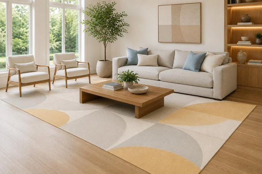ICE ARMOR Large 6'7" x 9'10" Mustard and Ivory Overlapping Arches Area Rug for Living Room, Soft Low Pile Carpet with Non-Slip Silicone Backing, Decor for Bedroom, Dining Area and Home Office