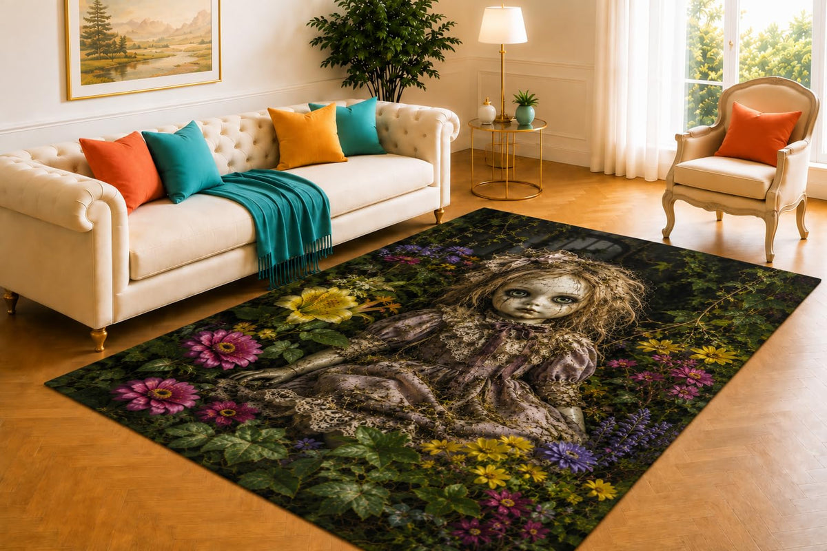 ICE ARMOR 5' x 7' Haunted Doll Rug, Straw Puppet Trio Moonlit Curtain Artwork, Smooth Printed Floor Cover for Bedroom, Playroom, Lounge and Spooky Autumn Decor