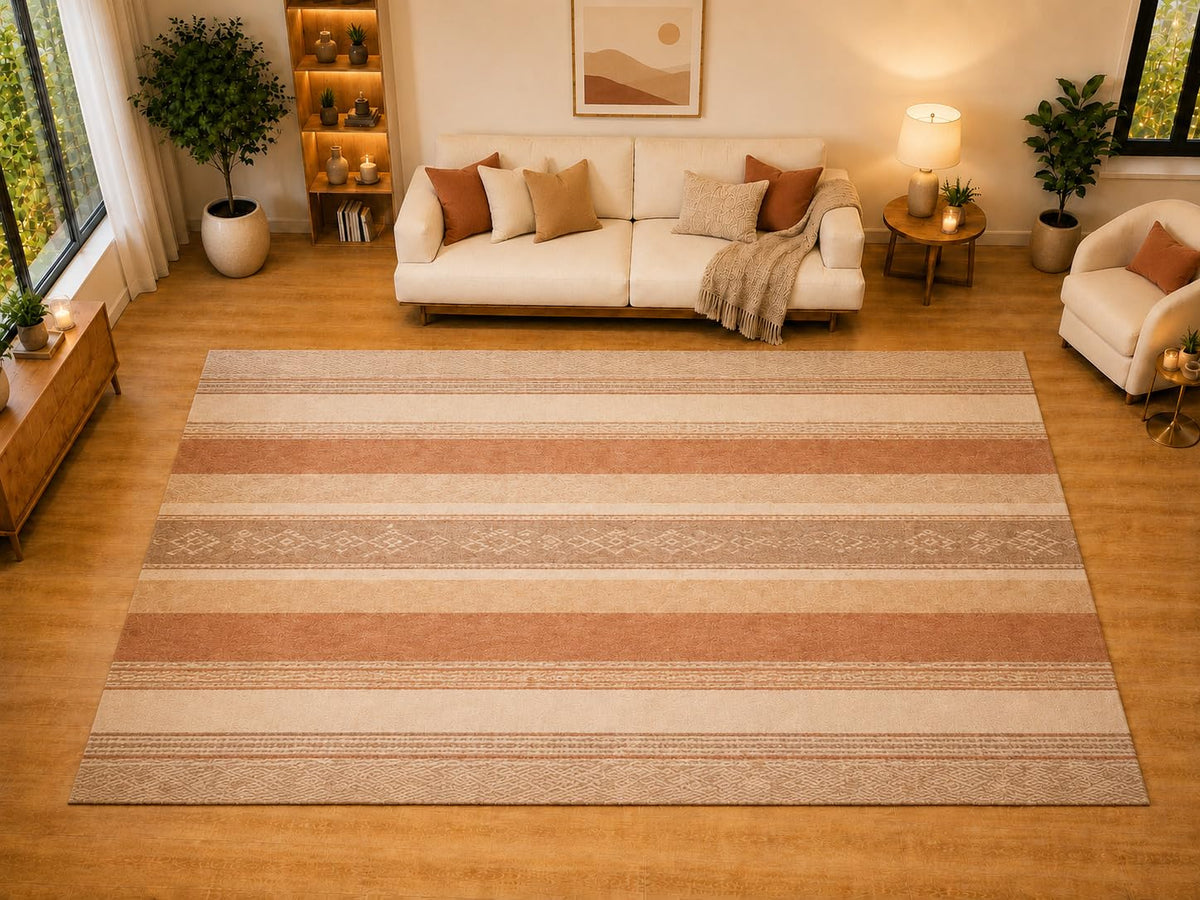 ICE ARMOR "Ultra Light Weight Large 6'7" x 9'10" Woven Stripe Motif Area Rug for Living Room, Bedroom, Dining Room, Soft Low Pile Non-Slip Backing, Terracotta Tan