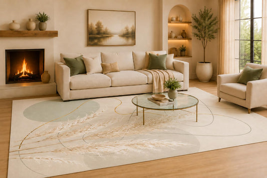 ICE ARMOR Large 6'7" x 9'10" Cream and Golden Color Botanical Curves Area Rug for Living Room, Soft Low Pile Carpet with Non-Slip Silicone Backing, Decor for Bedroom and Home Office