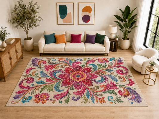 ICE ARMOR "Ultra Light Weight Large 6'7" x 9'10" Boho Floral Vine Rug, Soft Low Pile Indoor Rug, Non-Slip Silicone Backing for Bedroom Pink