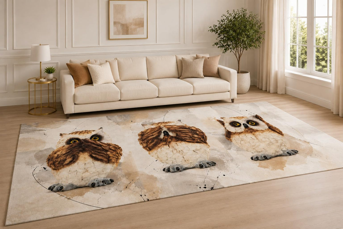 ICE ARMOR "Ultra Lightweight Large 6'7" x 9'10" Whimsical Owl Trio Area Rug for Living Room, Bedroom and Home Office, Soft Low Pile Carpet with Non-Slip Silicone Backing, Cream and Brown