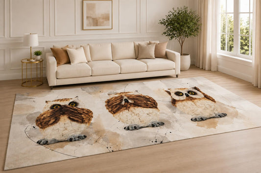 ICE ARMOR "Ultra Lightweight Large 6'7" x 9'10" Whimsical Owl Trio Area Rug for Living Room, Bedroom and Home Office, Soft Low Pile Carpet with Non-Slip Silicone Backing, Cream and Brown