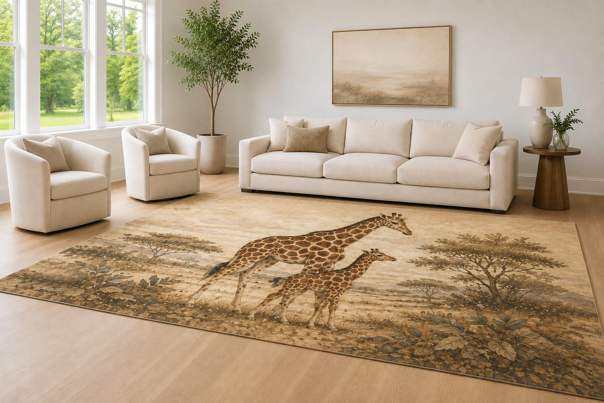 ICE ARMOR Large 6'7" x 9'10" Beige and Brown Giraffe Duo Area Rug for Living Room, Soft Low Pile Carpet with Non-Slip Silicone Backing, Decor for Bedroom and Home Office