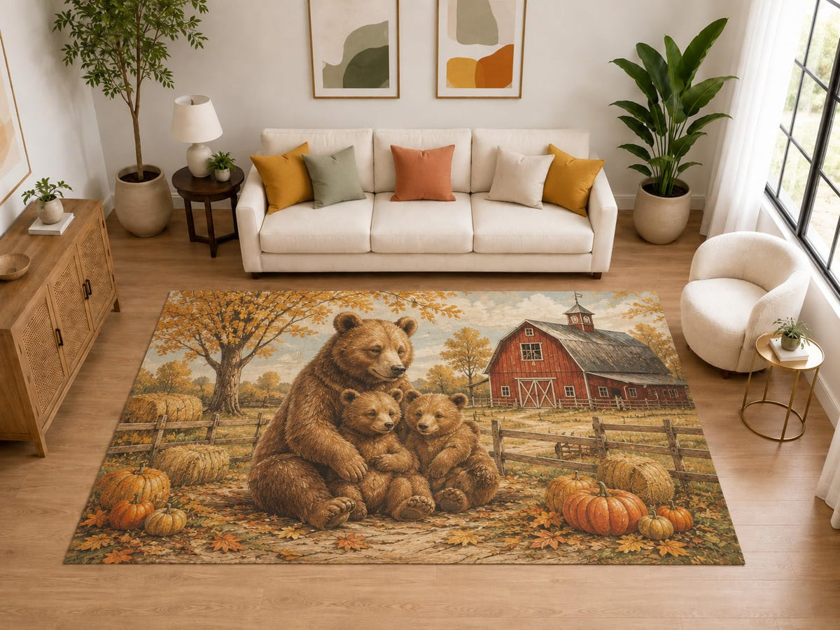 ICE ARMOR "Ultra Light Weight Large 6'7" x 9'10" Mama Bear Cubs Barn Rug, Soft Low Pile Indoor Rug, Non-Slip Silicone Backing for Kids Room Brown