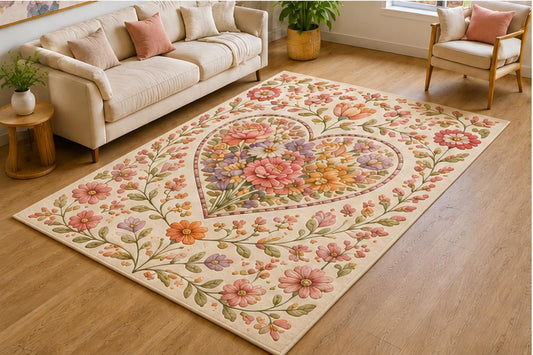 ICE ARMOR 5' x 7' Floral Heart Medallion Area Rug for Living Room, Soft Low Pile Indoor Rug with Non-Slip Silicone Backing, Decorative Carpet for Bedroom, Dining Room, Office, Cream Multicolor