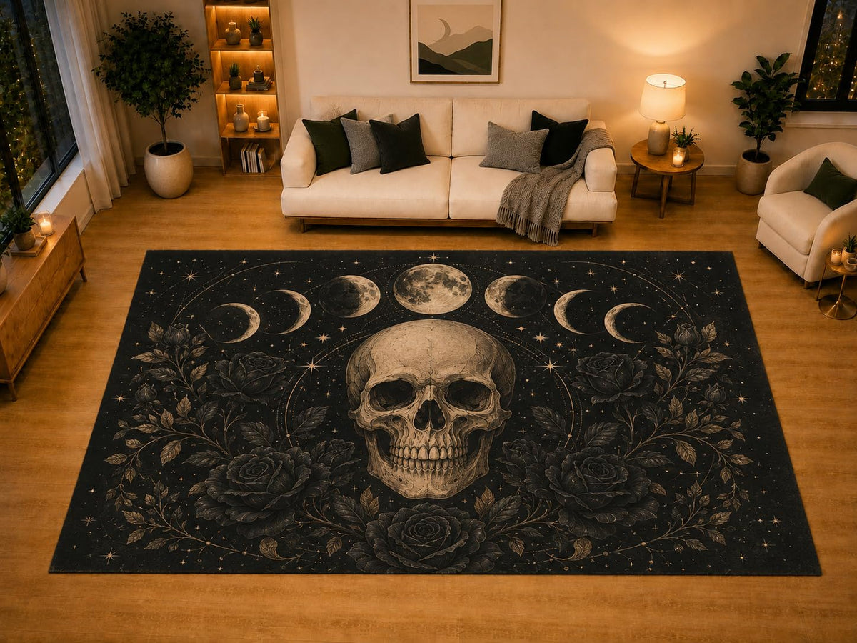 ICE ARMOR "Ultra Light Weight Large 6'7" x 9'10" Skull Moon Phases Black Rose Area Rug for Living Room Bedroom, Soft Low Pile Non-Slip Backing, Black Beige Gothic Celestial Decor