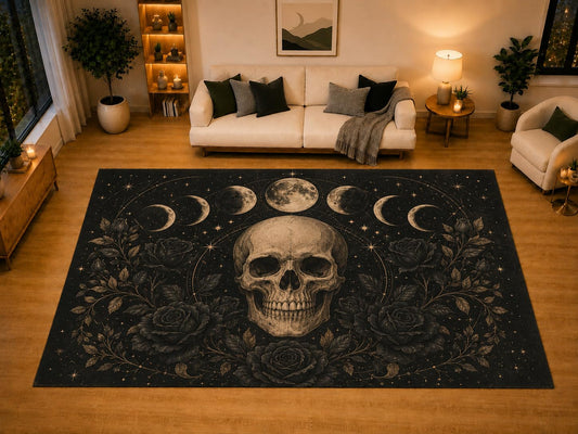 ICE ARMOR "Ultra Light Weight Large 6'7" x 9'10" Skull Moon Phases Black Rose Area Rug for Living Room Bedroom, Soft Low Pile Non-Slip Backing, Black Beige Gothic Celestial Decor