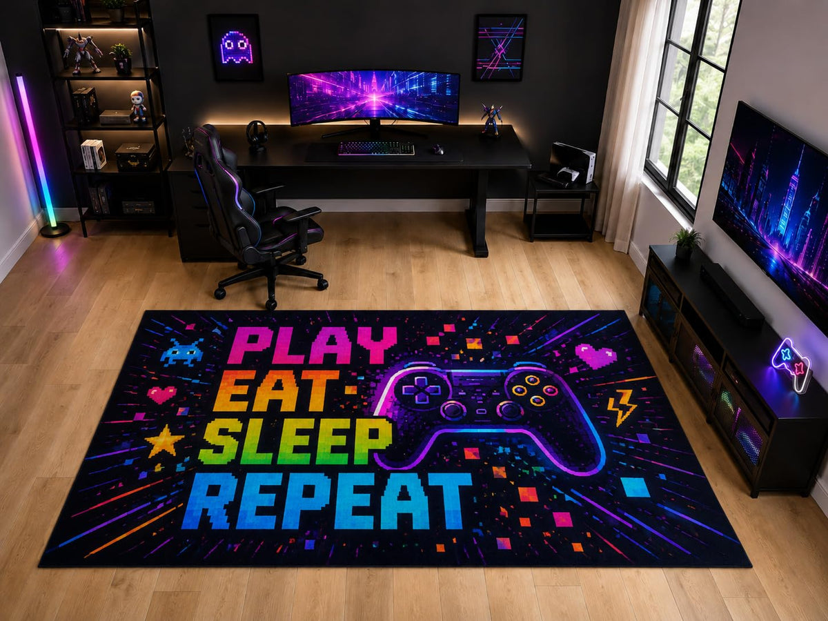 ICE ARMOR "Ultra Light Weight Large 6'7" x 9'10" Play Eat Sleep Repeat Gaming Area Rug for Kids Room, Soft Low Pile Indoor Rug and Non-Slip Silicone Backing, Black