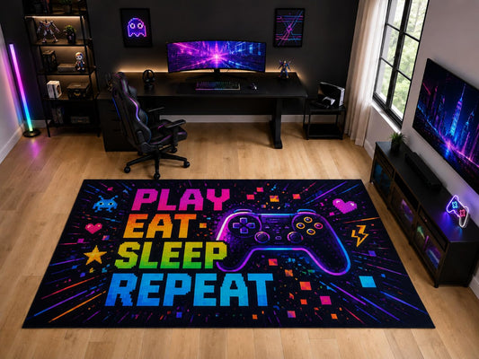 ICE ARMOR "Ultra Light Weight Large 6'7" x 9'10" Play Eat Sleep Repeat Gaming Area Rug for Kids Room, Soft Low Pile Indoor Rug and Non-Slip Silicone Backing, Black