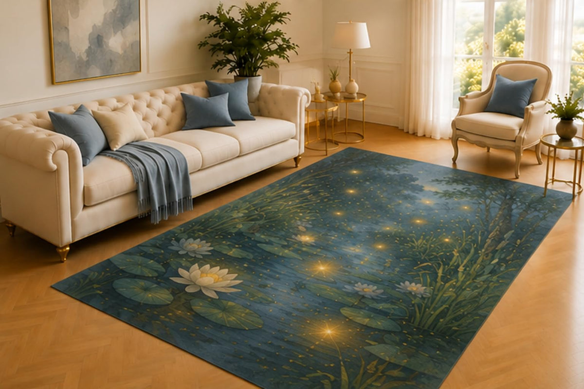 ICE ARMOR 5' x 7' Firefly Pond Rug, Glowing Lights Above Water Lilies and Reeds in a Peaceful Night Garden, Soft Floor Cover for Living Room, Bedroom and Nature Decor
