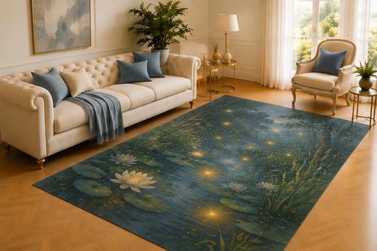 ICE ARMOR 5' x 7' Firefly Pond Rug, Glowing Lights Above Water Lilies and Reeds in a Peaceful Night Garden, Soft Floor Cover for Living Room, Bedroom and Nature Decor