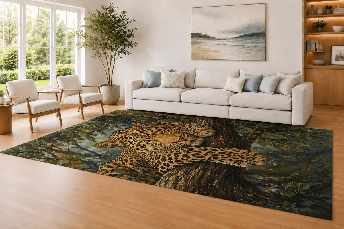 ICE ARMOR Large 6'7" x 9'10" Teal and Brown Tree Leopard Area Rug for Living Room, Soft Low Pile Carpet with Non-Slip Silicone Backing, Decor for Bedroom and Home Office