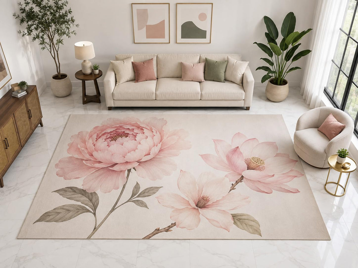 ICE ARMOR "Ultra Light Weight Large 6'7" x 9'10" Peony Magnolia Rug, Soft Low Pile Indoor Rug, Non-Slip Silicone Backing for Bedroom Blush Pink