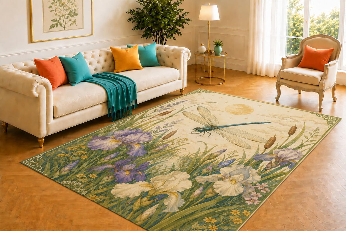 ICE ARMOR 5' x 7' Dragonfly Meadow Rug, Blue Insect Flying Above Iris Flowers and Cattails, Soft Floor Cover for Living Room, Bedroom, Nursery and Nature Decor