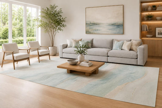 ICE ARMOR Large 6'7" x 9'10" Sage Green and Ivory Watercolor Waves Area Rug for Living Room, Soft Low Pile Carpet with Non-Slip Silicone Backing, Decor for Bedroom and Home Office