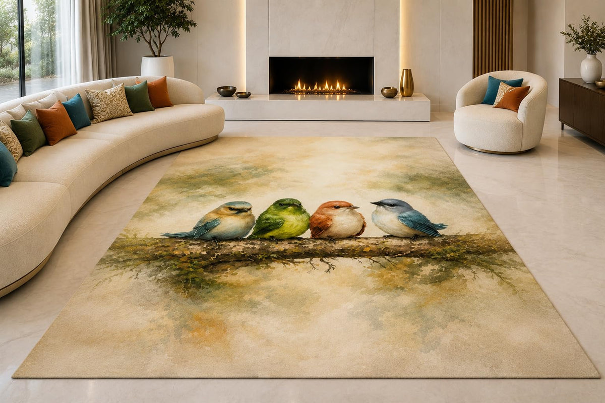 ICE ARMOR "Ultra Lightweight Large 6'7" x 9'10" Garden Bird Gathering Area Rug for Living Room, Bedroom and Home Office, Soft Low Pile Carpet with Non-Slip Silicone Backing, Green and Beige