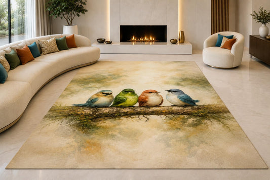 ICE ARMOR "Ultra Lightweight Large 6'7" x 9'10" Garden Bird Gathering Area Rug for Living Room, Bedroom and Home Office, Soft Low Pile Carpet with Non-Slip Silicone Backing, Green and Beige
