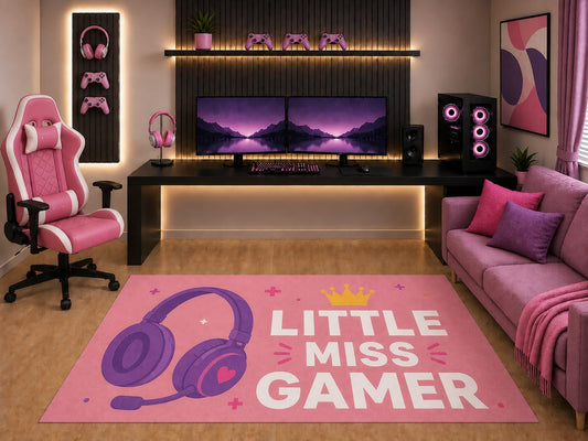 ICE ARMOR "Ultra Light Weight 5' x 7' Little Miss Gamer Gaming Area Rug Pink Headset Graphic for Girls Kids Bedroom Game Room Playroom Non-Slip Silicone Backing Low Pile