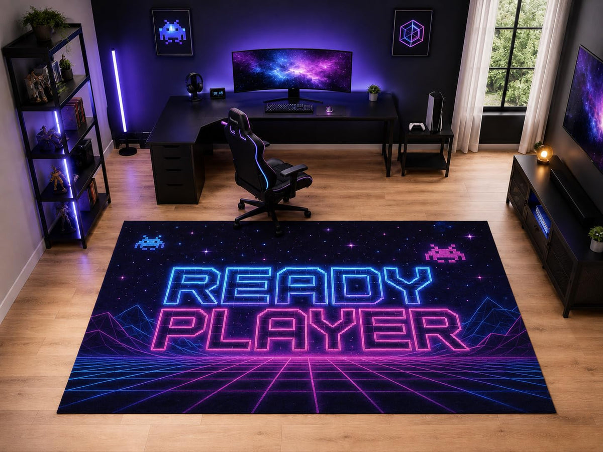 ICE ARMOR "Ultra Light Weight Large 6'7" x 9'10" Ready Player Neon Rug, Soft Low Pile Indoor Rug, Non-Slip Silicone Backing for Kids Room Purple