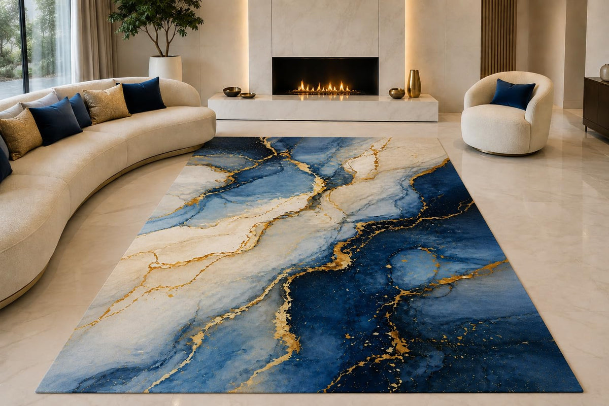 ICE ARMOR "Ultra Lightweight Large 6'7" x 9'10" Marble Flow Area Rug for Living Room, Bedroom and Home Office, Soft Low Pile Carpet with Non-Slip Silicone Backing, Blue and Golden Color