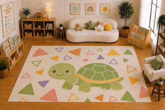 ICE ARMOR Large 6'7" x 9'10" Cute Turtle and Triangle Shapes Area Rug for Kids Room, Classroom, Bedroom, Playroom Decor, Soft Low Pile Indoor Rug with Non-Slip Silicone Backing, Pastel Multicolor