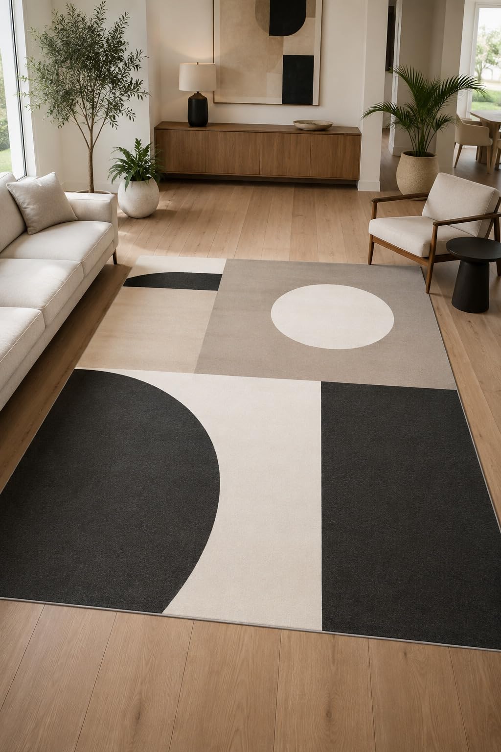 ICE ARMOR "Ultra Light Weight Large 6'7" x 9'10" Geometric Circle Area Rug, Soft Low Pile Indoor Rug with Non-Slip Silicone Backing for Living Room Office, Beige Black