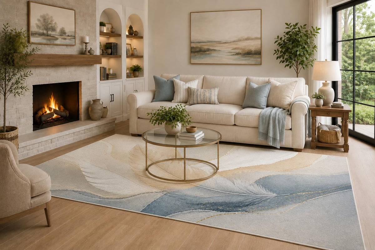 ICE ARMOR 6'7" x 9'10" Powder Blue, Ivory and Beige Feather Wave Area Rug for Living Room, Soft Low Pile Carpet with Non-Slip Backing for Bedroom, Dining Room and Home Office