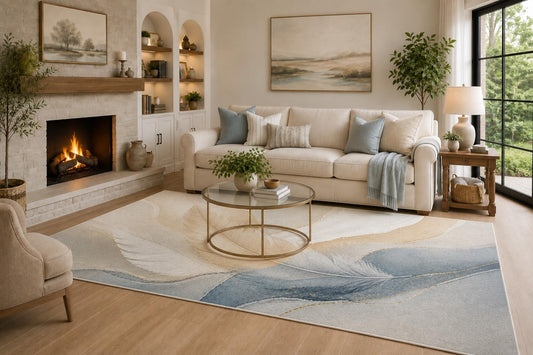 ICE ARMOR 6'7" x 9'10" Powder Blue, Ivory and Beige Feather Wave Area Rug for Living Room, Soft Low Pile Carpet with Non-Slip Backing for Bedroom, Dining Room and Home Office