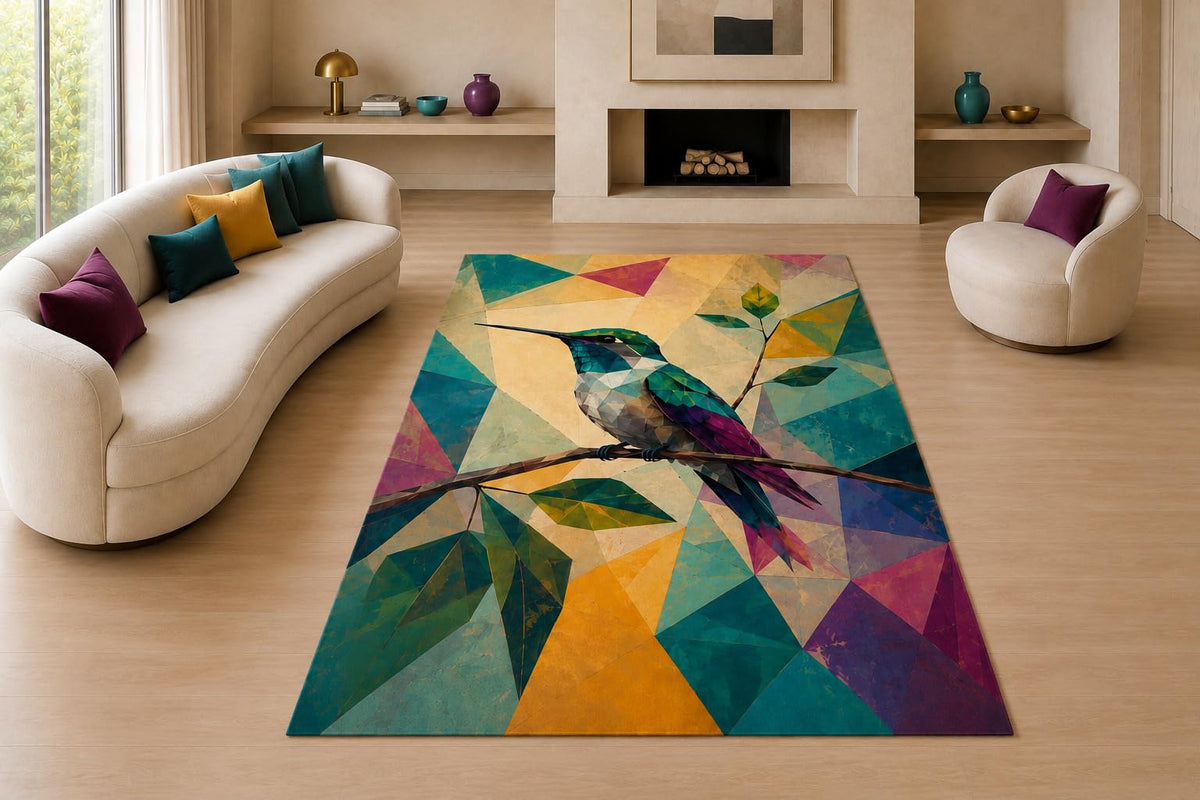 ICE ARMOR "Ultra Thin 5' x 7" Hummingbird Branch Area Rug for Living Room, Bedroom and Home Office, Soft Low Pile Carpet with Non-Slip Silicone Backing, Teal and Purple