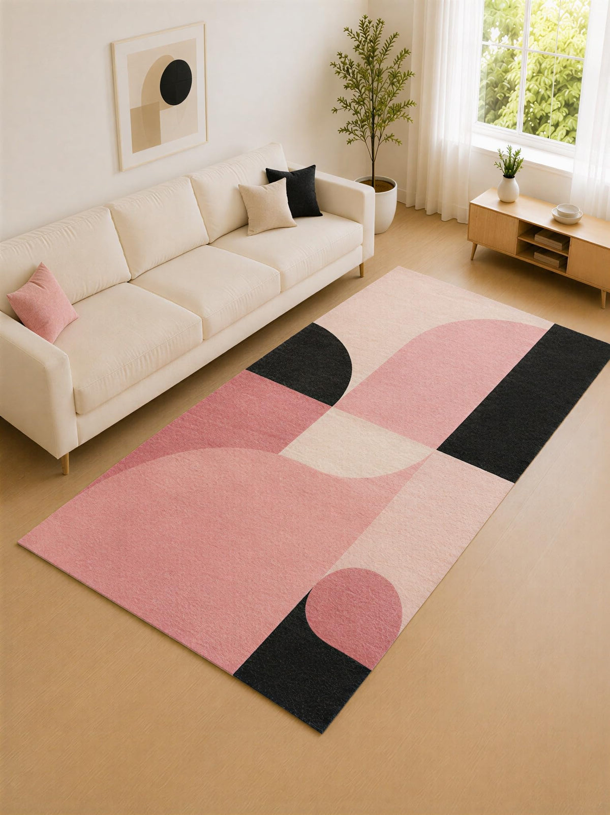 ICE ARMOR "Ultra Lightweight Large 6'7" x 9'10" Rose Pink and Black Modern Geometric Area Rug for Living Room, Bedroom and Home Office, Soft Low Pile Carpet with Non-Slip Silicone Backing