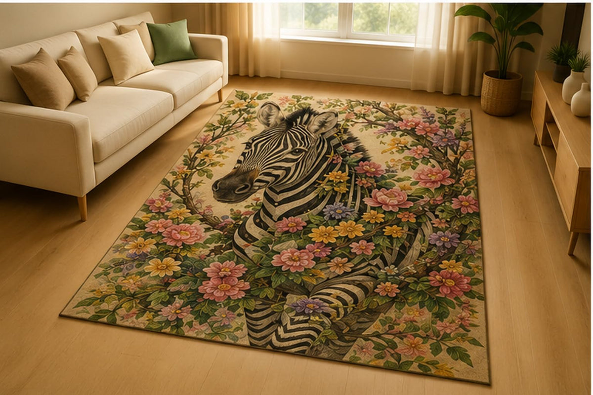 ICE ARMOR 5' x 7' Zebra Floral Garden Area Rug for Living Room, Soft Low Pile Indoor Rug with Non-Slip Silicone Backing, Wildlife Botanical Decor for Bedroom, Office, Family Room, Black Beige