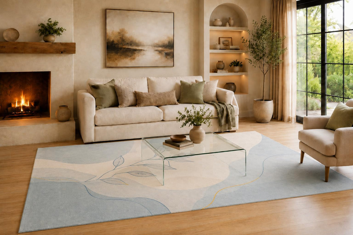 ICE ARMOR Large 6'7" x 9'10" Blue and Cream Flowing Branch Waves Area Rug for Living Room, Soft Low Pile Carpet with Non-Slip Backing for Bedroom, Dining Room and Office