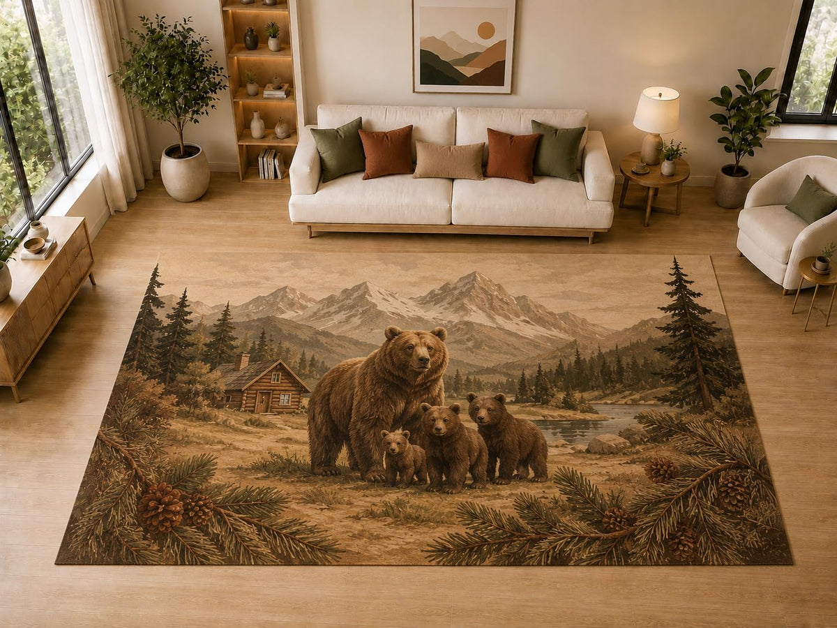 ICE ARMOR "Ultra Light Weight Large 6'7" x 9'10" Bear Family, Living Room, Bedroom, Dining Room, Office, Family Room, Soft Low Pile Indoor Rug, Non-Slip Silicone Backing, Brown