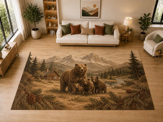 ICE ARMOR "Ultra Light Weight Large 6'7" x 9'10" Bear Family, Living Room, Bedroom, Dining Room, Office, Family Room, Soft Low Pile Indoor Rug, Non-Slip Silicone Backing, Brown