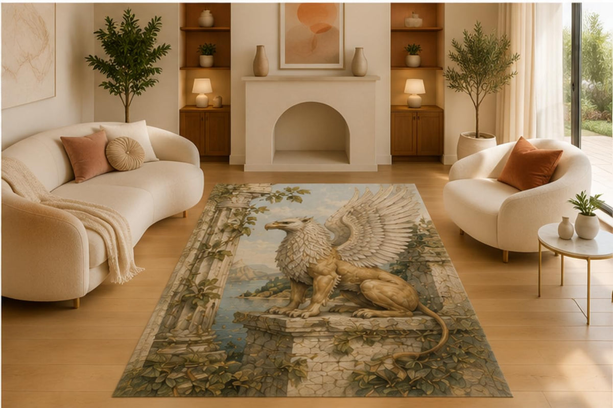 ICE ARMOR 5' x 7' Fantasy Griffin Castle Area Rug, Soft Low Pile Indoor Rug with Non-Slip Silicone Backing for Living Room, Bedroom, Dining Room & Office, Beige Blue