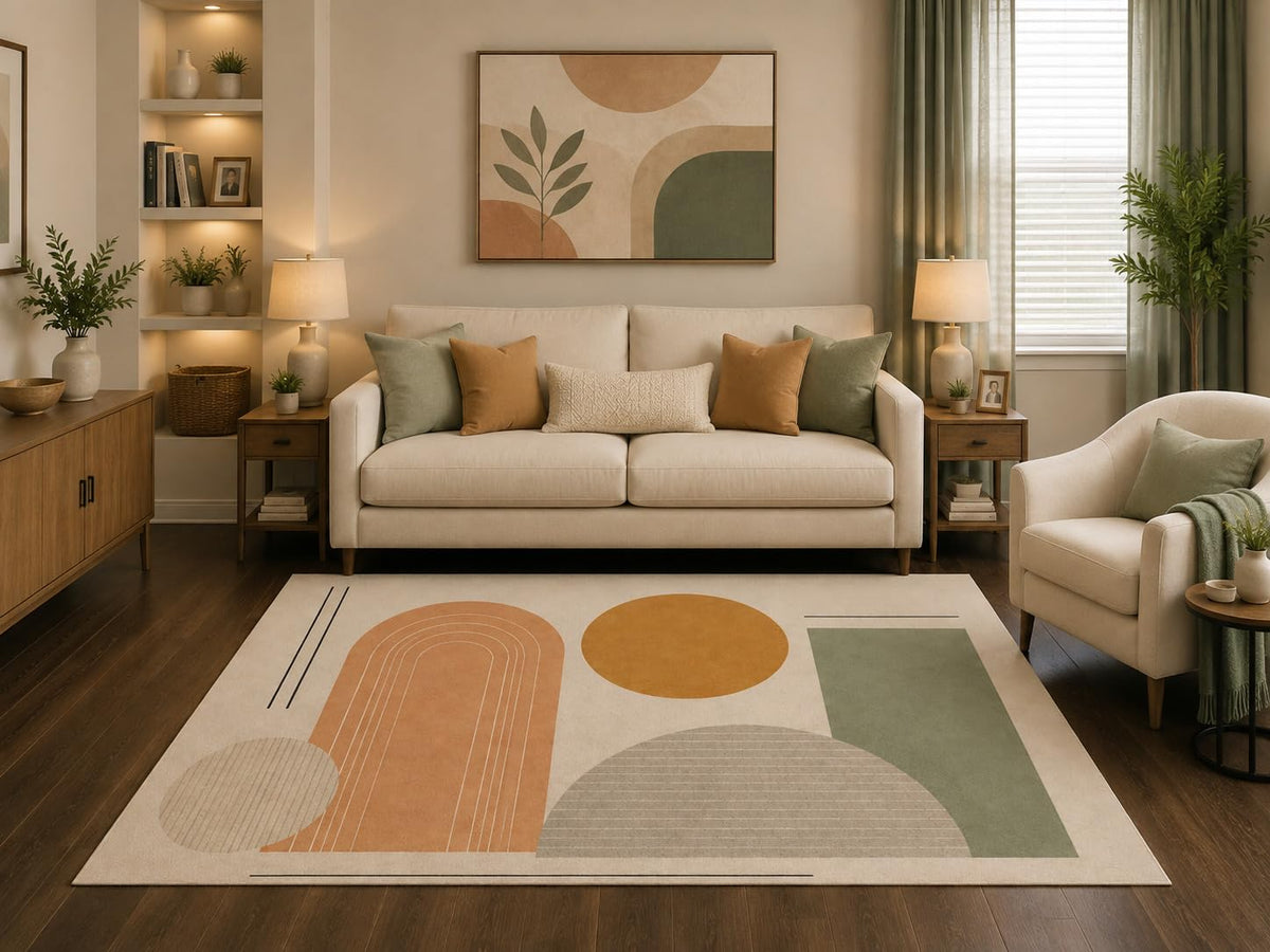 ICE ARMOR 5' x 7' Mid Century Modern Geometric Area Rug Abstract Shapes Circle Arch Neutral Living Room Bedroom Dining Room Non-Slip Silicone Backing Low Pile