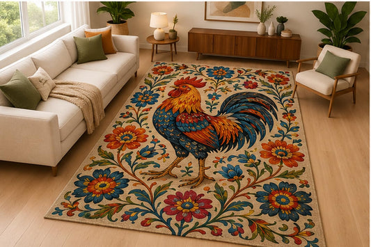 ICE ARMOR 5' x 7' Rooster Floral Farmhouse Area Rug Soft Low Pile Indoor Rug with Non Slip Silicone Backing Country Animal Decor Carpet for Kitchen Dining Room Living Room Family Room Multicolor