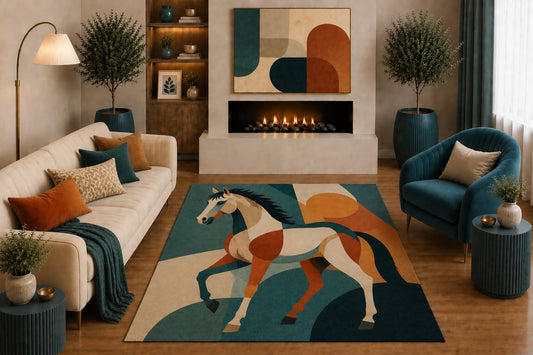 ICE ARMOR "Ultra Light Weight 5' x 7' Abstract Running Horse Area Rug Mid Century Equestrian Art for Living Room Bedroom Office Farmhouse Decor Non-Slip Silicone Backing Low Pile