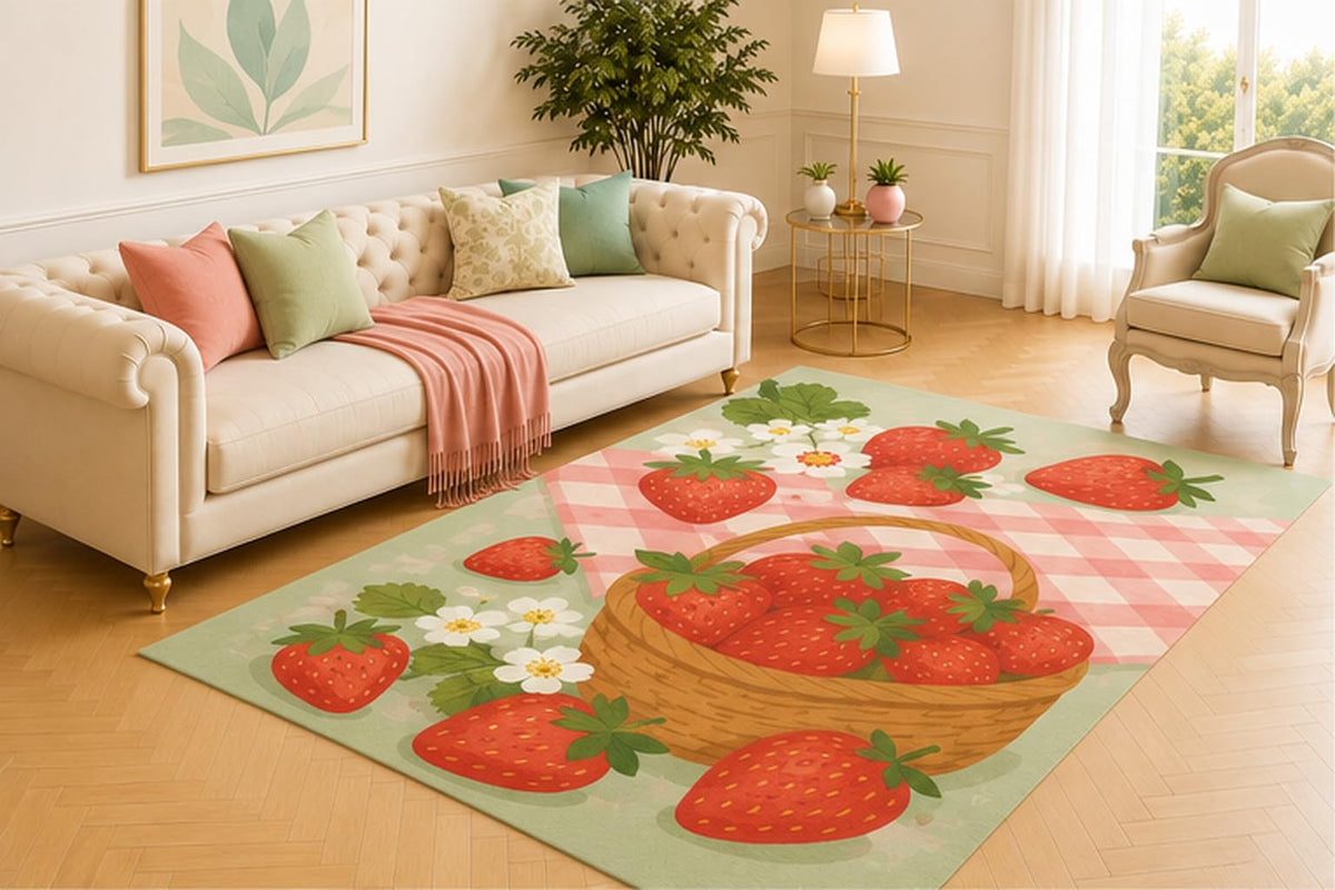 ICE ARMOR 5' x 7' Strawberry Basket Area Rug, Farmhouse Berry Picnic Design with Strawberries and White Blossoms, Soft Low Pile Carpet for Kitchen Dining Room Living Room Decor