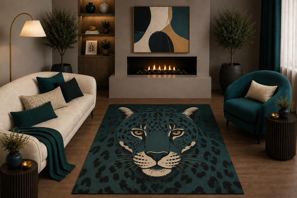 ICE ARMOR "Ultra Light Weight 5' x 7' Teal Black Leopard Area Rug Modern Boho Big Cat Wildlife Decor for Living Room Bedroom Non-Slip Silicone Backing Low Pile
