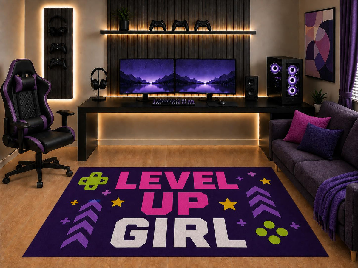 ICE ARMOR "Ultra Light Weight 5' x 7' Level Up Girl Gaming Area Rug Retro Arcade Graphic for Girls Teen Bedroom Gaming Room Playroom Non-Slip Silicone Backing Low Pile