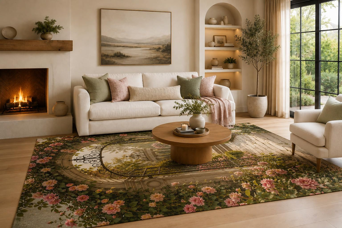ICE ARMOR 6'7" x 9'10" Rose Pink, Green and Beige Secret Garden Arch Area Rug for Living Room, Soft Low Pile Carpet with Non-Slip Backing for Bedroom, Dining Room and Home Office