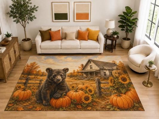 ICE ARMOR "Ultra Light Weight Large 6'7" x 9'10" Bear Pumpkin Farm Area Rug, Soft Low Pile Indoor Rug, Non-Slip Silicone Backing, Family Room, Orange