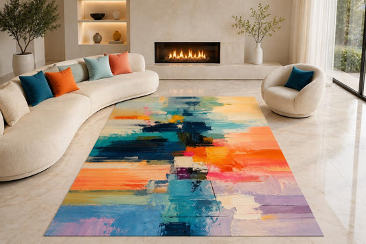 ICE ARMOR "Ultra Lightweight Large 6'7" x 9'10" Block Reflection Area Rug for Living Room, Bedroom and Home Office, Soft Low Pile Carpet with Non-Slip Silicone Backing, Orange and Teal