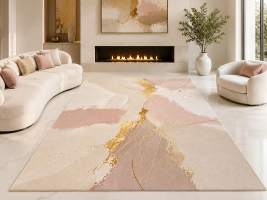 ICE ARMOR "Ultra Lightweight Large 6'7" x 9'10" Blush Marble Area Rug for Living Room, Bedroom and Home Office, Soft Low Pile Carpet with Non-Slip Silicone Backing, Pink and Golden Color