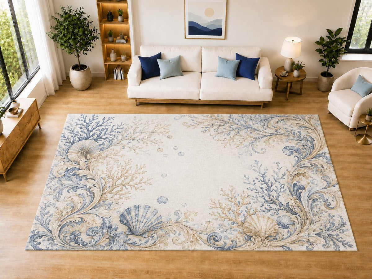 ICE ARMOR "Ultra Light Weight Large 6'7" x 9'10" Coral Seashell Scroll Area Rug for Dining, Living Room, Bedroom, Soft Low Pile Indoor Rug with Non-Slip Silicone Backing, Blue Ivory