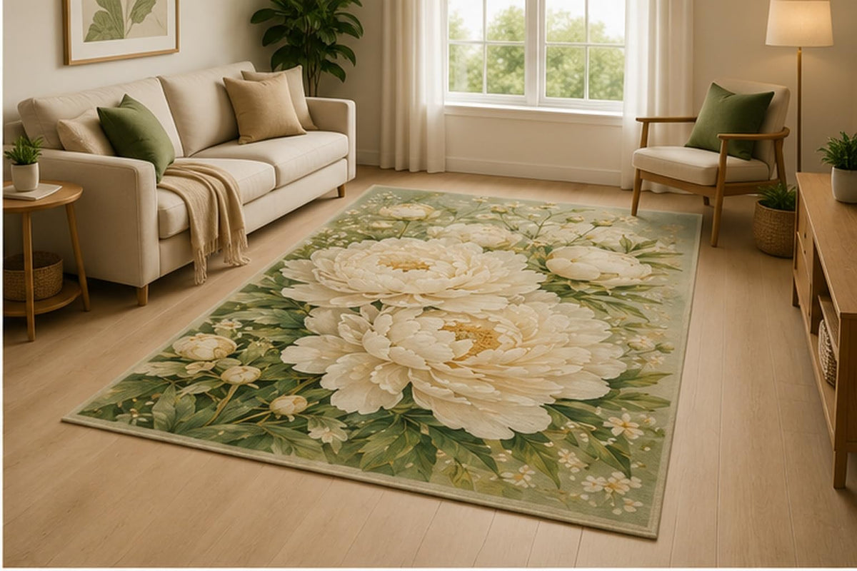 ICE ARMOR 5' x 7' White Peony Garden Area Rug for Living Room, Soft Low Pile Indoor Rug with Non-Slip Silicone Backing, Bedroom, Dining Room, Family Room, Cream Green