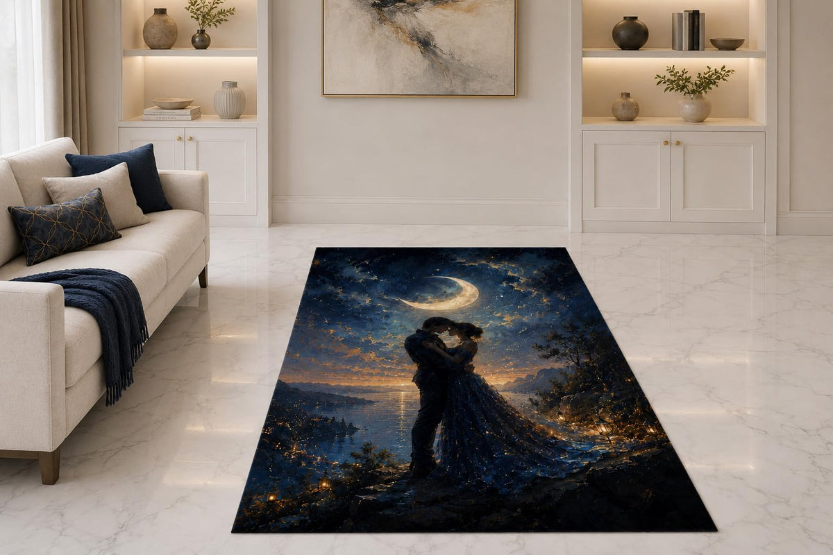 ICE ARMOR "Ultra Thin 5' x 7" Lakeside Love Area Rug for Living Room, Bedroom and Home Office, Soft Low Pile Carpet with Non-Slip Silicone Backing, Blue and Golden Color
