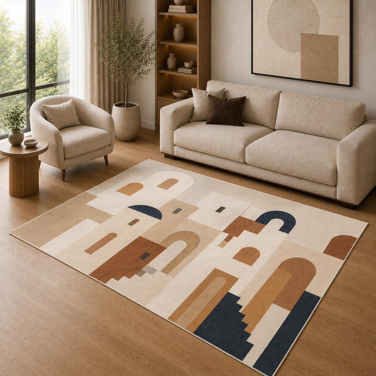 ICE ARMOR 5' x 7' Mediterranean Village Arch Area Rug for Living Room, Soft Low Pile Indoor Rug with Non-Slip Silicone Backing, Decorative Carpet for Bedroom, Office, Family Room, Beige